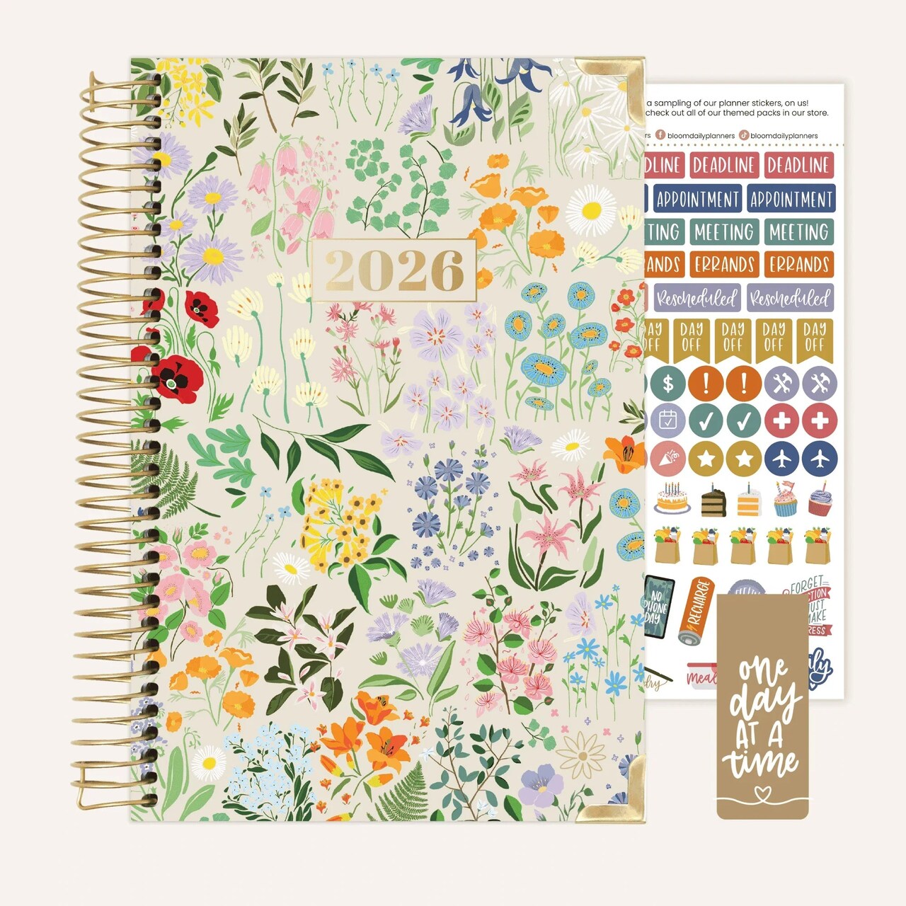 bloom daily planners 2026 Hard Cover Weekly & Monthly Planner, 5.5" x 8.25", Garden Party, Beige